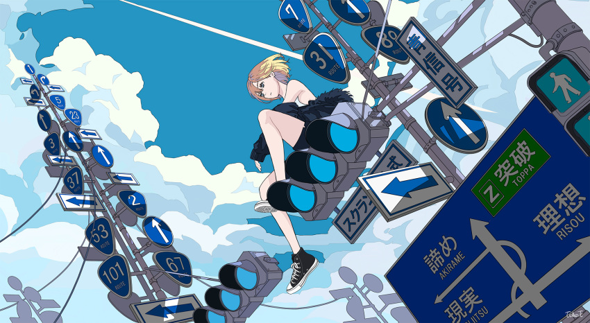 1girl bare_legs black_coat black_footwear blonde_hair blue_eyes blue_sky cloud coat converse highres original seraphitalg shoes short_hair signature sky sleeveless sneakers solo