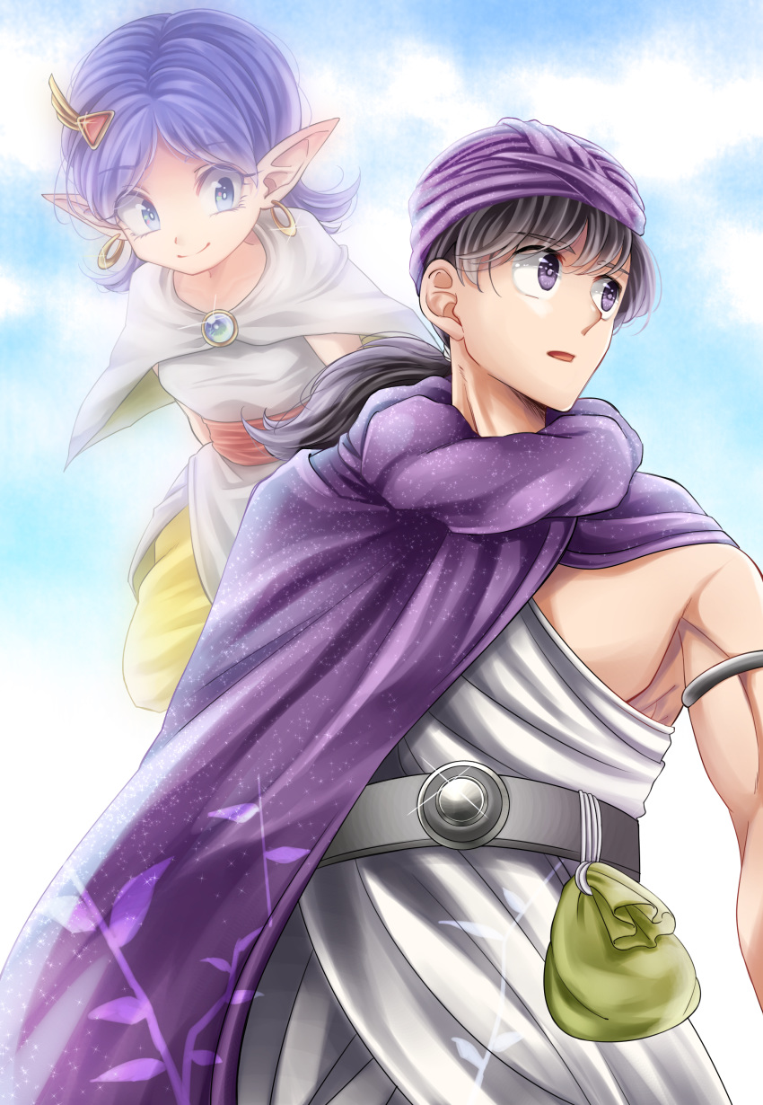 1boy 1girl absurdres arm_strap atarime_(atarimemakaron) bella_(dq5) belt black_hair blue_eyes blue_sky cape cloud commentary_request dragon_quest dragon_quest_v dress earrings floating grey_capelet grey_dress hair_ornament hero_(dq5) highres hoop_earrings jewelry looking_at_another low_ponytail medium_hair muscle pants pointy_ears pouch purple_cape purple_eyes purple_hair purple_headwear short_ponytail sky smile translucent turban yellow_pants