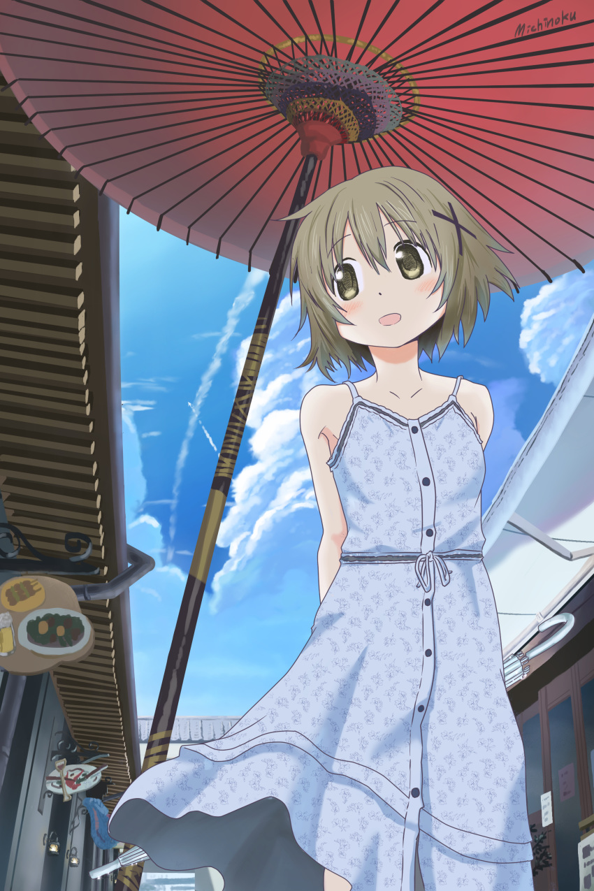 1girl absurdres arms_behind_back blue_dress blush brown_eyes brown_hair dress hair_ornament hidamari_sketch highres michinoku open_mouth outdoors real_world_location short_hair sky sleeveless sleeveless_dress solo umbrella wind wind_lift x_hair_ornament yuno