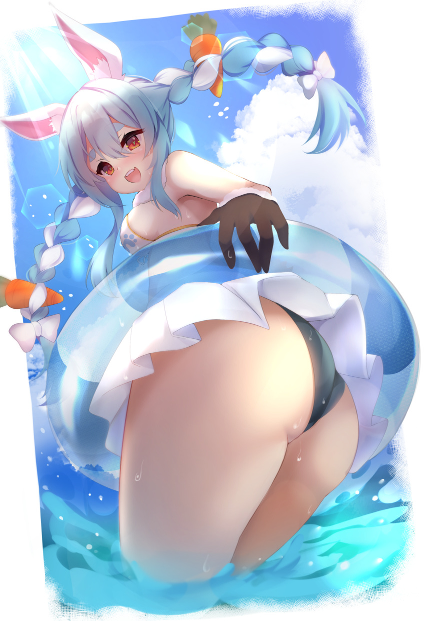 1girl animal_ear_fluff animal_ears ass bent_over bikini blue_hair blush braid breasts bunny_ears bunny_girl carrot carrot_hair_ornament food_themed_hair_ornament from_behind hair_ornament highres hololive innertube long_braid long_hair looking_at_viewer looking_back moneko1107 red_eyes shiny shiny_hair shiny_skin solo standing swimsuit twin_braids usada_pekora virtual_youtuber water wet white_hair