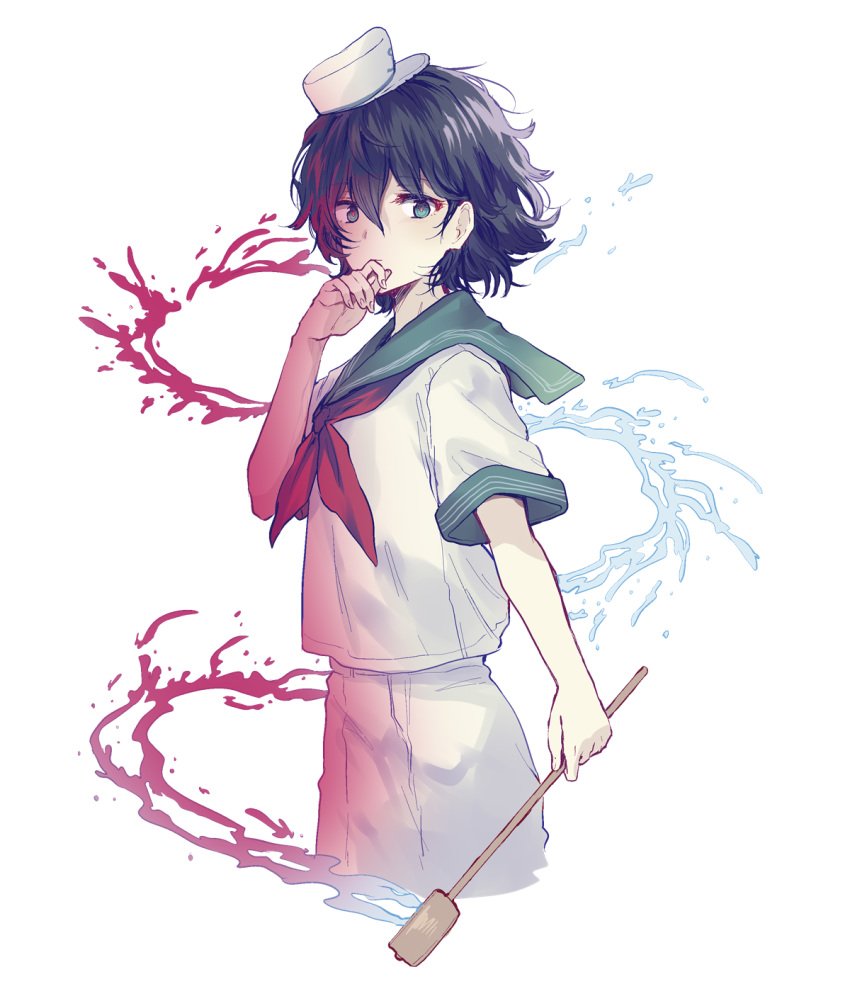 1girl black_hair blood collared_shirt green_eyes hand_on_own_face hat highres hishaku looking_at_viewer murasa_minamitsu pants red_neck red_neckwear sailor sailor_collar sailor_hat shirt short_hair touhou uranaishi_(miraura) water wavy_hair white_background white_pants white_shirt