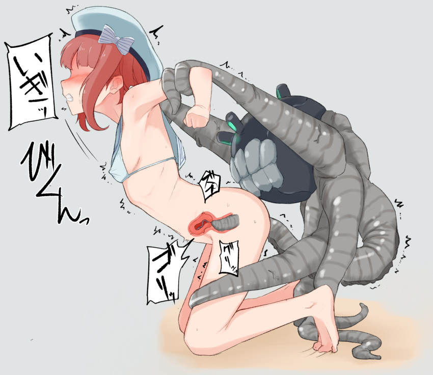 1girl bdsm blush bottomless bow breasts cervical_penetration cervix clenched_teeth covered_nipples deep_penetration enemy_naval_mine_(kantai_collection) faceless faceless_female feet grey_background hat highres kantai_collection nose_blush red_hair restrained small_breasts teeth tentacles toes trembling tsurugi_muda uterus vaginal x-ray z3_max_schultz_(kantai_collection)