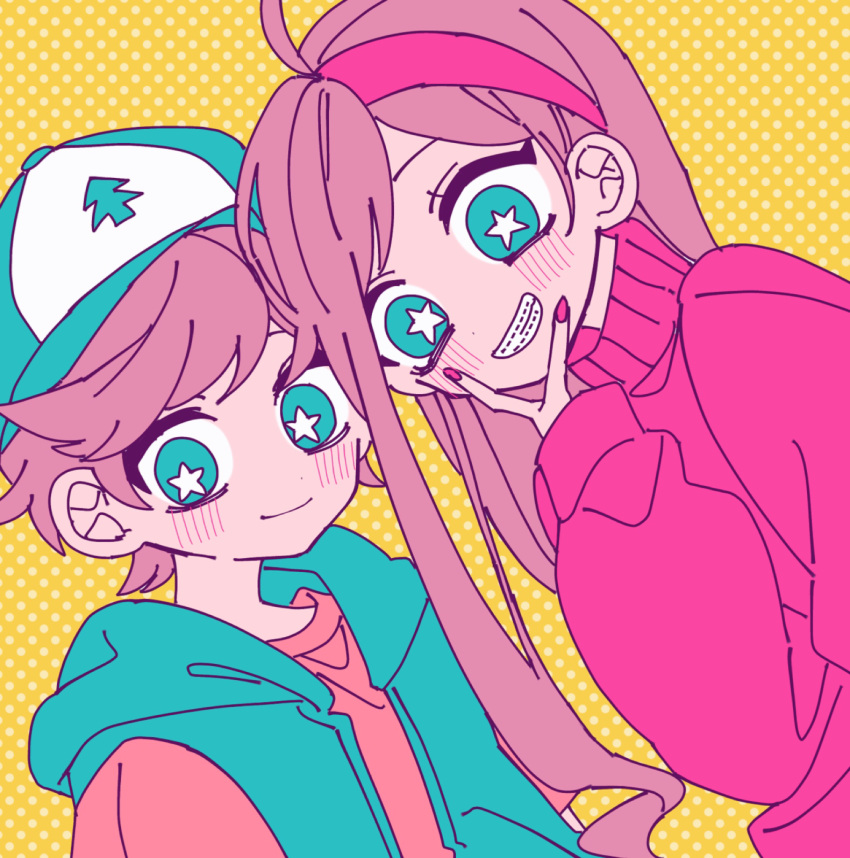 1boy 1girl brother_and_sister brown_hair dipper_pines gravity_falls hairband halftone hand_up hat highres long_hair looking_at_viewer mabel_pines milk_o no_nose pink_hairband pink_nails pink_sweater short_hair siblings star-shaped_pupils star_(symbol) sweater symbol-shaped_pupils twins vest yellow_background