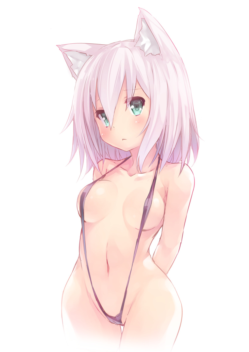 1girl :&lt; absurdres animal_ear_fluff animal_ears arms_behind_back bikini black_bikini blush breasts cameltoe cat_ears character_request green_eyes groin highres navel original pink_hair revealing_clothes short_hair simple_background slingshot_swimsuit solo swimsuit tamase_tama thigh_gap virtual_youtuber white_background