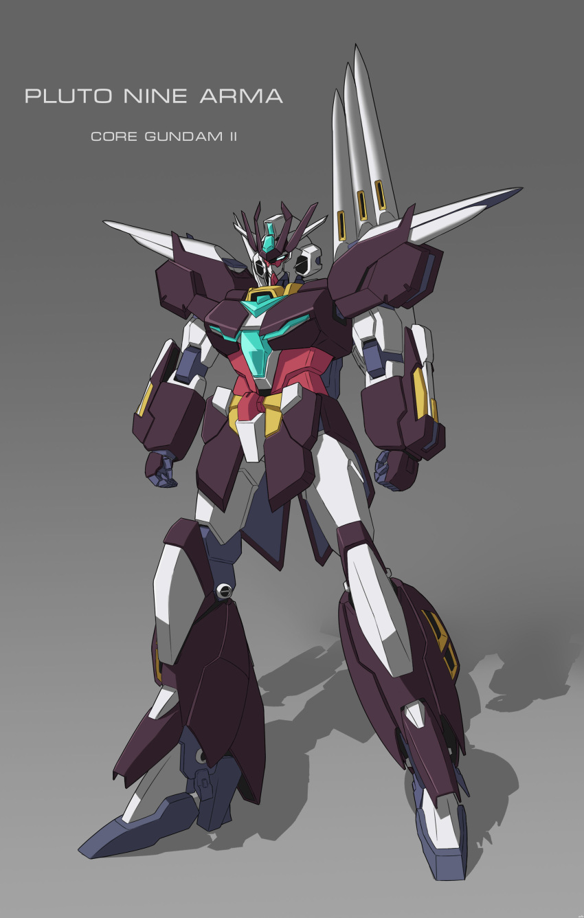 absurdres character_name clenched_hands clotho_(1326803453) core_gundam_ii english_commentary english_text grey_background gundam gundam_build_divers gundam_build_divers_re:rise gunpla highres mecha no_humans original solo standing v-fin yellow_eyes