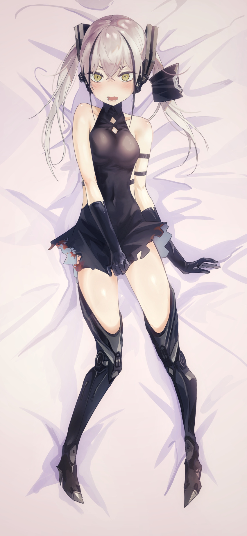 absurdres bangs bare_shoulders black_dress black_gloves blush boots breasts collarbone destroyer_(girls_frontline) dress fang girls_frontline gloves high_heel_boots high_heels highlights highres hip_vent kaki_(616886126) long_hair looking_at_viewer lying mechanical_boots medium_breasts multicolored_hair on_back on_bed open_mouth silver_hair solo tearing_up thigh_boots thighhighs thighs tight torn_clothes turtleneck twintails very_long_hair yellow_eyes
