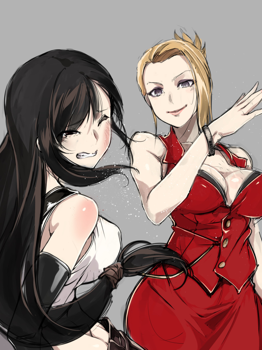 black_hair blonde_hair bracelet breasts catfight cleavage dress elbow_gloves final_fantasy final_fantasy_vii fingerless_gloves gloves grey_background highres hot_bee_ball jewelry long_hair red_dress scarlet_(ff7) skirt slapping suspender_skirt suspenders tank_top tifa_lockhart wince