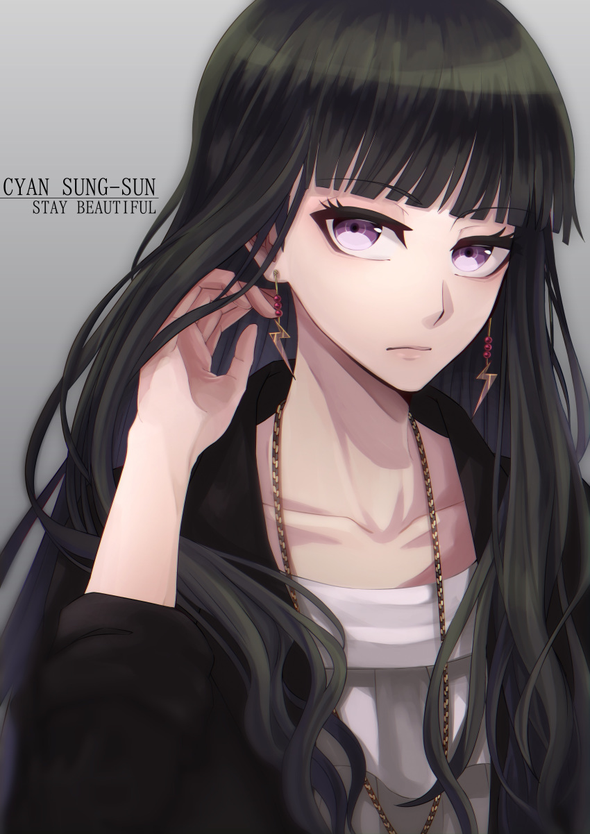 1girl absurdres adjusting_hair bangs black_hair black_jacket bleach blunt_bangs character_name collarbone commentary_request cyan_sung-sun eyebrows_visible_through_hair grey_background highres jacket jewelry lightning_bolt_earrings long_hair necklace purple_eyes shirt solo sumire_1046 upper_body white_shirt