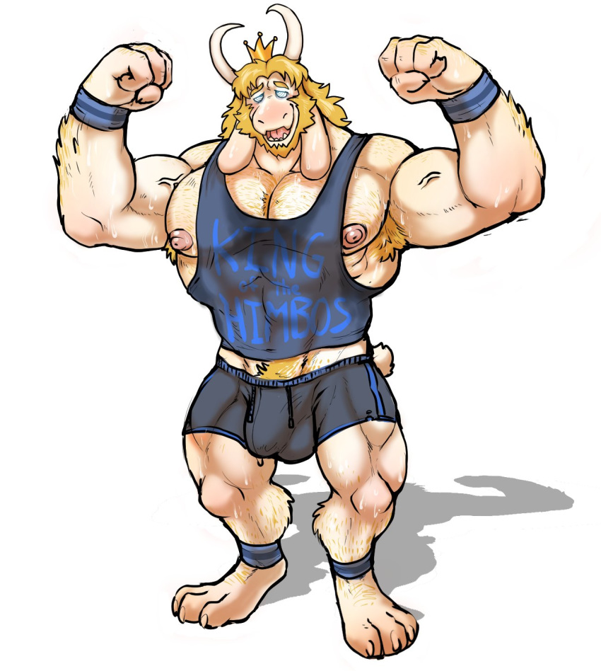 anthro armpit_hair asgore_dreemurr beard bodily_fluids body_hair boss_monster bovid brain_drain bulge caprine chest_hair clothing crown facial_hair flexing goat gym_shorts happy_trail hi_res himbo horn hyenaface hypnosis male mammal mind_control monster muscular muscular_male nipples ringed_eyes shadow shirt simple_background solo spiral_eyes sweat sweat_stain tank_top topwear undertale video_games white_background wristband zonked