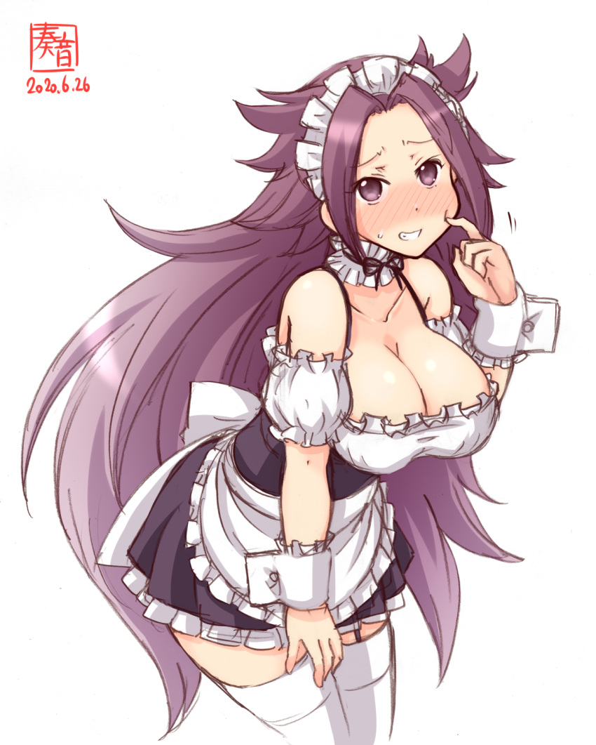 1girl alternate_costume apron artist_logo black_skirt blouse blush breasts cleavage commentary_request cowboy_shot dated detached_collar detached_sleeves enmaided frilled_apron frilled_blouse frilled_skirt frills garter_straps grin highres jun'you_(kantai_collection) kanon_(kurogane_knights) kantai_collection large_breasts leaning_forward long_hair looking_at_viewer maid nose_blush off_shoulder purple_eyes purple_hair simple_background skirt smile solo spiked_hair suspender_skirt suspenders thighhighs waist_apron white_apron white_background white_blouse white_legwear wrist_cuffs