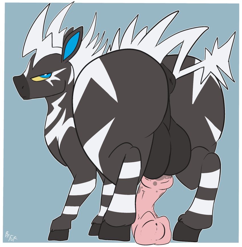 2020 animal_genitalia animal_penis anus balls big_butt butt digital_media_(artwork) equid equine equine_penis erection feral fuf fur genitals hi_res looking_at_viewer looking_back male mammal nintendo penis pok&eacute;mon pok&eacute;mon_(species) presenting simple_background solo video_games zebstrika