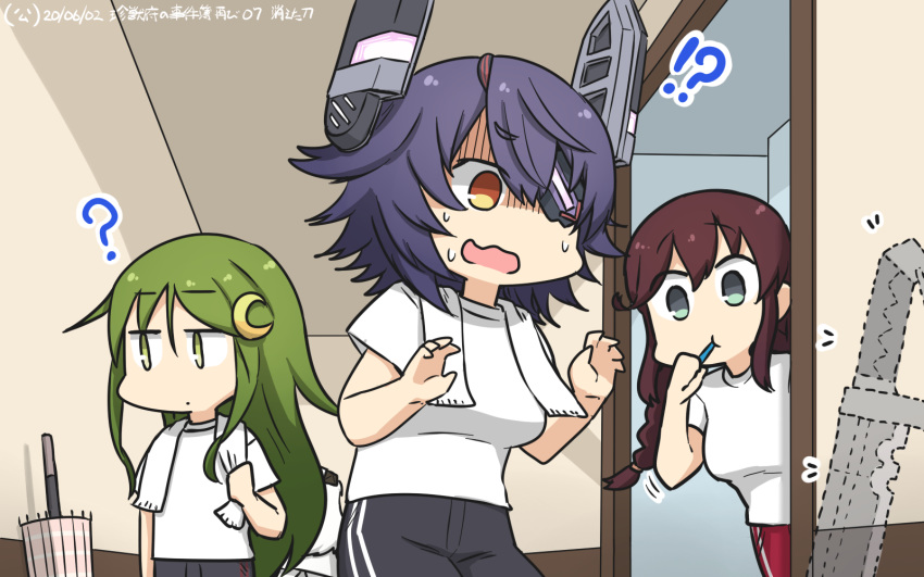 !? 4girls ? alternate_costume bangs black_pants braid brown_hair cowboy_shot crescent crescent_hair_ornament dated dotted_line dress eyepatch green_eyes green_hair hair_ornament hamu_koutarou headgear highres kantai_collection long_hair multiple_girls nagatsuki_(kantai_collection) northern_ocean_hime noshiro_(kantai_collection) pants purple_hair red_pants shaded_face shinkaisei-kan shirt short_hair standing sweat swept_bangs t-shirt tenryuu_(kantai_collection) toothbrush_in_mouth towel towel_around_neck track_pants twin_braids umbrella white_dress white_hair white_shirt white_towel yellow_eyes