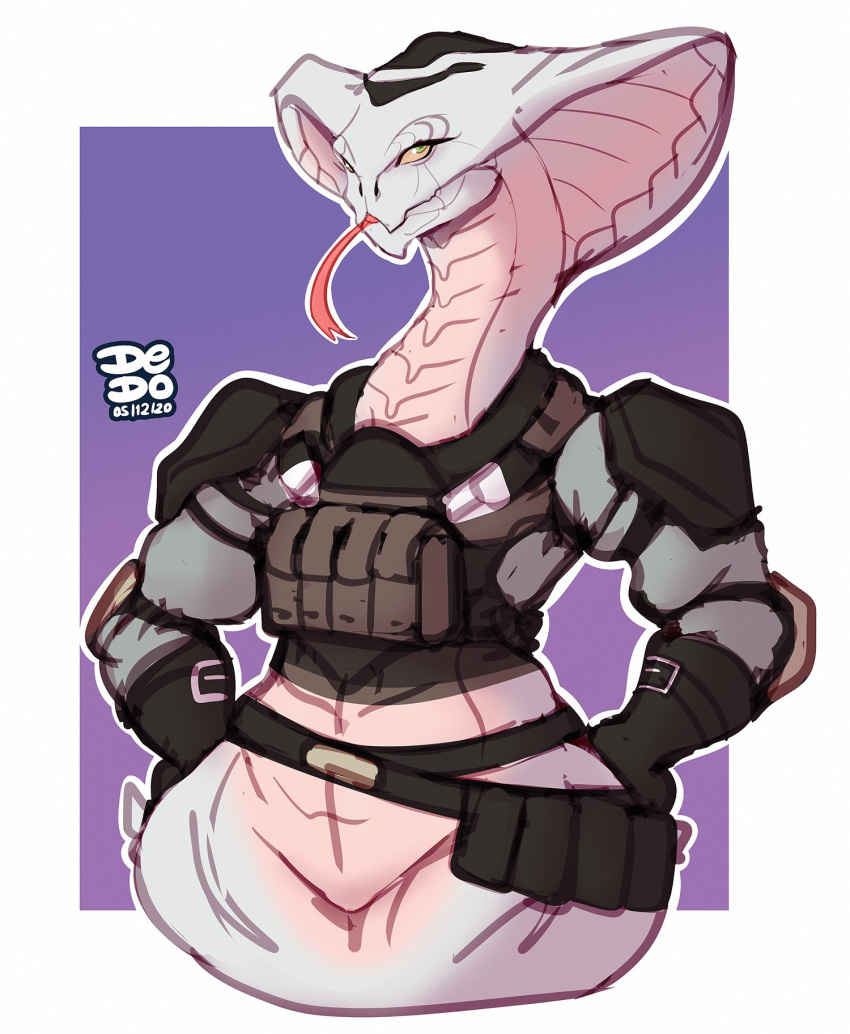 2020 agent_torque anthro clothing dedoarts featureless_crotch female forked_tongue green_eyes hi_res looking_at_viewer naga reptile scalie serpentine simple_background smile snake snake_hood solo tongue tongue_out video_games viper_(x-com) x-com x-com:_chimera_squad