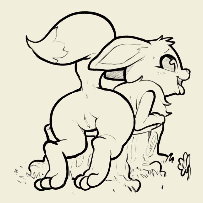 1:1 2020 anthro anus bent_over black_and_white butt canid canine eevee female full-length_portrait genitals hi_res itsunknownanon line_art looking_back mammal monochrome nintendo nude pok&eacute;mon pok&eacute;mon_(species) portrait presenting presenting_anus presenting_hindquarters presenting_pussy pussy rear_view solo tongue tongue_out tree_stump video_games