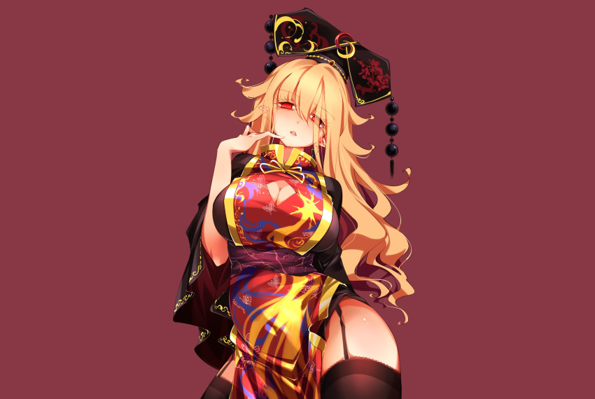 blonde_hair breasts chinese_clothes chinese_dress cleavage garter_belt headdress junko long_hair pointed_ears raptor7 red red_eyes stockings touhou