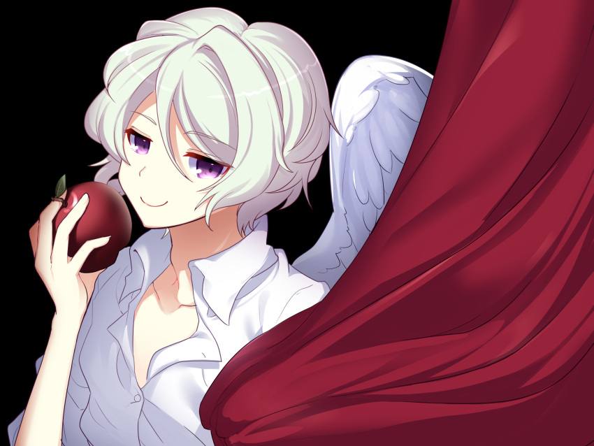 1boy angel_wings black_background enperaa food fruit hair_between_eyes highres holding holding_food holding_fruit kiryuu_yoshiya making-of_available male_focus purple_eyes shirt smile solo subarashiki_kono_sekai upper_body white_hair white_shirt white_wings wings