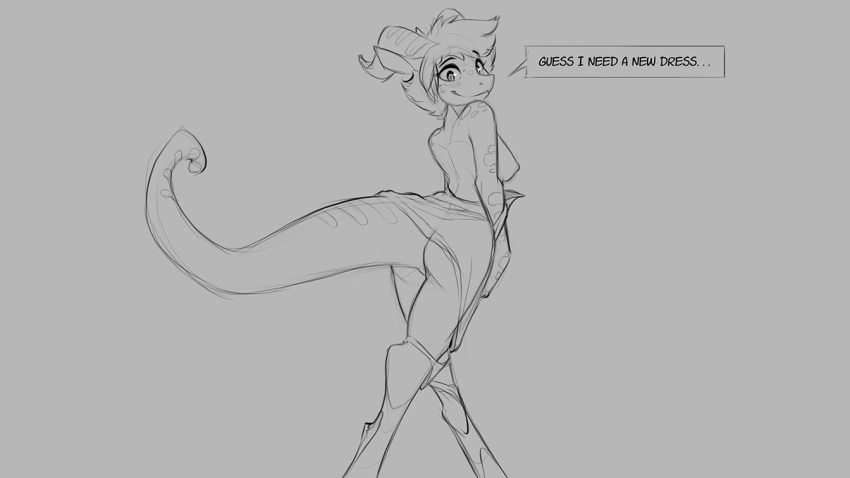 16:9 2020 anthro big_breasts breasts claws clothing dialogue dragon dress english_text female grey_background hair horn monochrome nipples nude scalie simple_background solo text transformation watsup widescreen