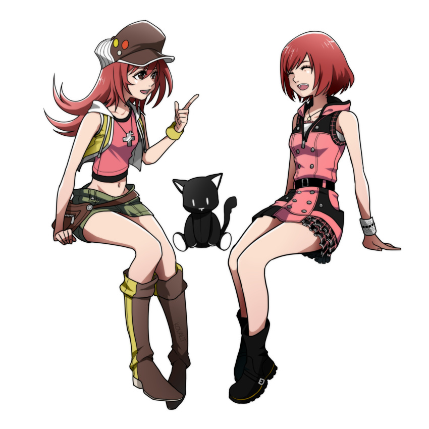 2girls black_footwear boots brown_hair buttons closed_eyes cross cross_necklace fanny_pack green_shorts highres invisible_chair jewelry kairi_(kingdom_hearts) kingdom_hearts knee_boots kovalt laughing long_hair looking_at_another midriff misaki_shiki mr._mew multiple_girls navel necklace pink_skirt short_shorts shorts simple_background sitting skirt sleeveless smile stuffed_animal stuffed_cat stuffed_toy subarashiki_kono_sekai white_background white_wristband wristband yellow_wristband zipper