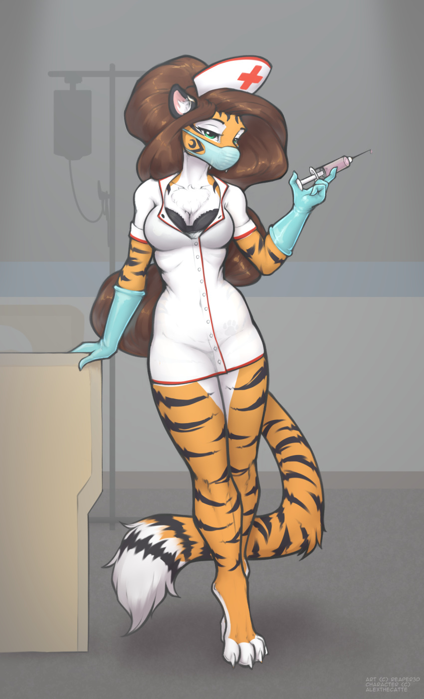 alex_marx anthro breasts brown_hair clothing fangs felid feline female gloves hair handwear hi_res latex_gloves long_hair looking_at_viewer mammal mask medical medical_instrument pantherine reaper3d scientific_instrument simple_background solo striped_body stripes surgical_mask tattoo tiger