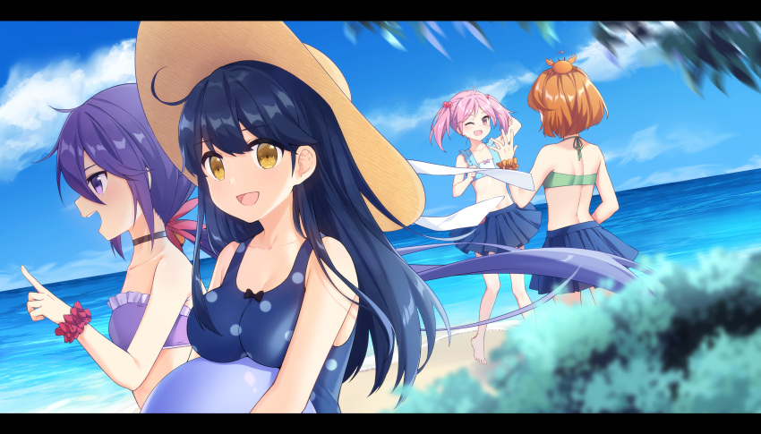 4girls :d absurdres akebono_(kantai_collection) ball bangs bare_arms bare_legs bare_shoulders barefoot beachball bell bikini bikini_top black_hair blue_bikini blue_skirt blue_sky blue_swimsuit blurry blurry_foreground blush breasts brown_eyes brown_hair brown_headwear brown_scrunchie casual_one-piece_swimsuit cloud collarbone commentary_request day depth_of_field eyebrows_visible_through_hair flower green_bikini hair_bell hair_between_eyes hair_flower hair_ornament hat highres horizon jingle_bell kantai_collection large_breasts letterboxed long_hair multiple_girls oboro_(kantai_collection) ocean one-piece_swimsuit open_mouth outdoors palm_tree pink_hair pleated_skirt polka_dot polka_dot_swimsuit poppy_(poppykakaka) profile purple_bikini purple_eyes purple_hair red_scrunchie sazanami_(kantai_collection) scrunchie side_ponytail skirt sky smile sun_hat swimsuit tree ushio_(kantai_collection) very_long_hair water wrist_scrunchie