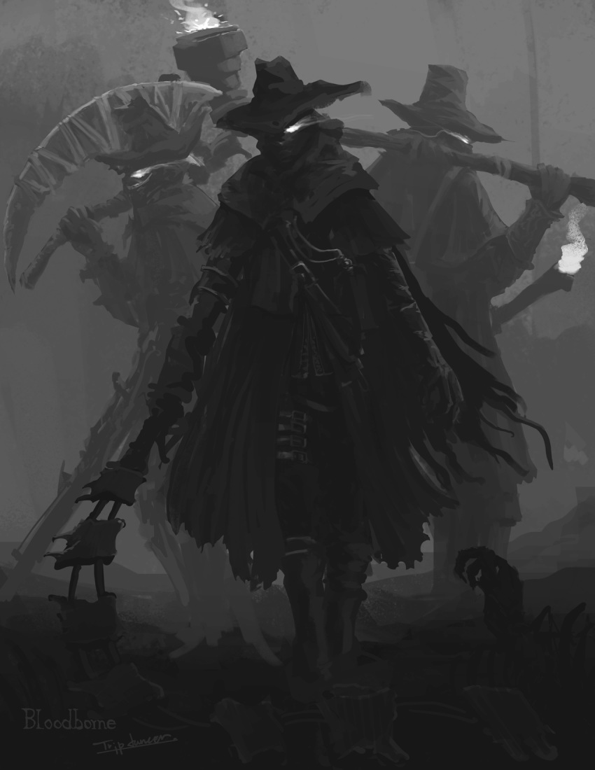 3boys bloodborne cape cloak coat death english_text fire gloves glowing glowing_eyes greyscale hat hat_over_one_eye highres holding holding_scythe holding_sword holding_torch holding_weapon hunter_(bloodborne) hunting monochrome multiple_boys outdoors over_shoulder scythe shaded_face signature standing sword torch torn_cape torn_cloak torn_clothes tripdancer walking weapon weapon_over_shoulder