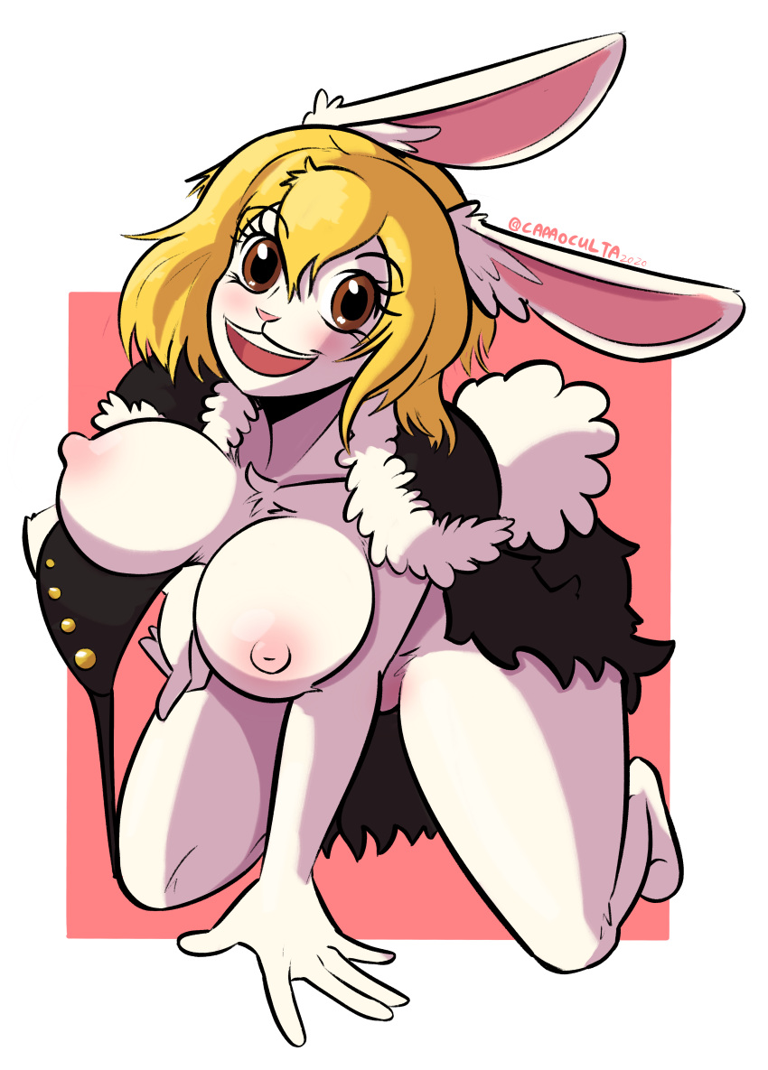 absurd_res anthro blonde_hair bottomless breasts brown_eyes capaoculta cape carrot_(one_piece) clothed clothing female hair hi_res lagomorph leporid mammal nipples one_piece rabbit smile solo topless white_body