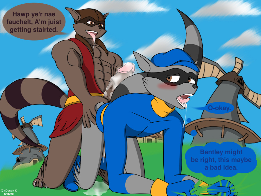 4:3 anthro anthro_on_anthro big_penis bodily_fluids cum duo dustin_c erection genital_fluids genitals hi_res humanoid_genitalia humanoid_penis incest_(lore) male male/male mammal penis procyonid raccoon size_difference sl&auml;i_maccooper sly_cooper sly_cooper_(series) smile sony_corporation sony_interactive_entertainment sucker_punch_productions video_games