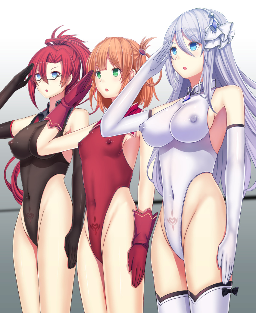 3girls bangs bare_shoulders black_gloves black_leotard blue_eyes brainwashing breasts character_request covered_navel covered_nipples daiaru elbow_gloves eyebrows_visible_through_hair glasses gloves green_eyes hair_between_eyes hair_ornament highleg highleg_leotard highres impossible_clothes impossible_leotard leotard long_hair medium_breasts multiple_girls open_mouth orange_hair ponytail princess_connect! princess_connect!_re:dive pubic_tattoo red_gloves red_hair red_leotard rino_(princess_connect!) salute semi-rimless_eyewear shizuru_(princess_connect!) short_hair silver_hair small_breasts tattoo white_gloves white_legwear white_leotard