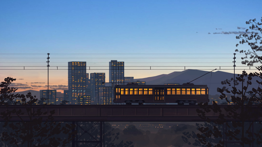 blurry bridge building city_lights cloud dark depth_of_field dusk ground_vehicle hill no_humans original outdoors power_lines railroad_tracks scenery seo_tatsuya sky sunset train tree