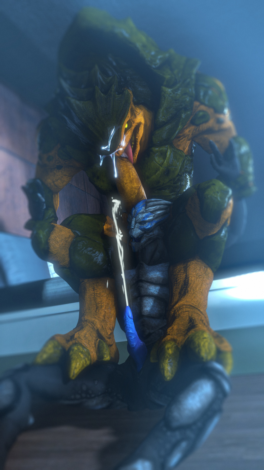 alien anthro autofellatio bed bodily_fluids cum cum_in_mouth cum_in_own_mouth cum_inside cum_on_face cum_on_self cumming_together cumshot digital_media_(artwork) duo ejaculation erection furniture genital_fluids genitals hi_res krogan male male/male mass_effect masturbation muscular muscular_male not_furry nude on_bed open_mouth oral oral_masturbation orgasm penile penile_masturbation penis rooking sex sitting tongue turian video_games