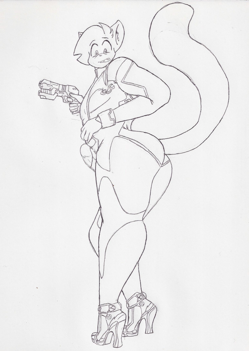 anthro butt clothed clothing crossdressing curvy_figure domestic_cat erection felid feline felis footwear hi_res high_heels humanoid krocialblack leo_(vg_cats) male mammal metroid nintendo shoes solo thick_thighs tight_clothing tight_fit vg_cats video_games webcomic zero_suit
