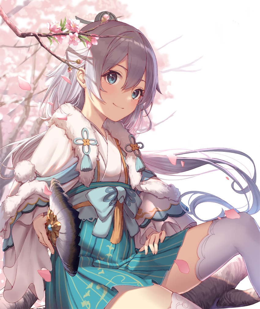 1girl aqua_bow aqua_ribbon aqua_skirt arl blue_eyes blush bow cherry_blossoms commentary fan feather_fan fur_collar fur_trim hair_between_eyes highres holding holding_fan honkai_(series) honkai_impact_3rd long_hair long_sleeves petals ribbon silver_hair sitting skirt smile solo spring_(season) striped theresa_apocalypse theresa_apocalypse_(starlit_astrologos) thighhighs tree vertical-striped_skirt vertical_stripes very_long_hair white_legwear wide_sleeves