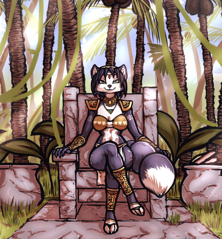 2019 accessory anthro armor blue_body blue_fur bracelet breasts canid canine chair clothing edit female fox fur furniture gauntlets gloves green_eyes handwear headband hi_res jewelry jungle krystal loincloth looking_at_viewer luraiokun mammal multicolored_body multicolored_fur necklace nintendo outside palm_tree sitting smile solo star_fox throne tree video_games white_body white_fur