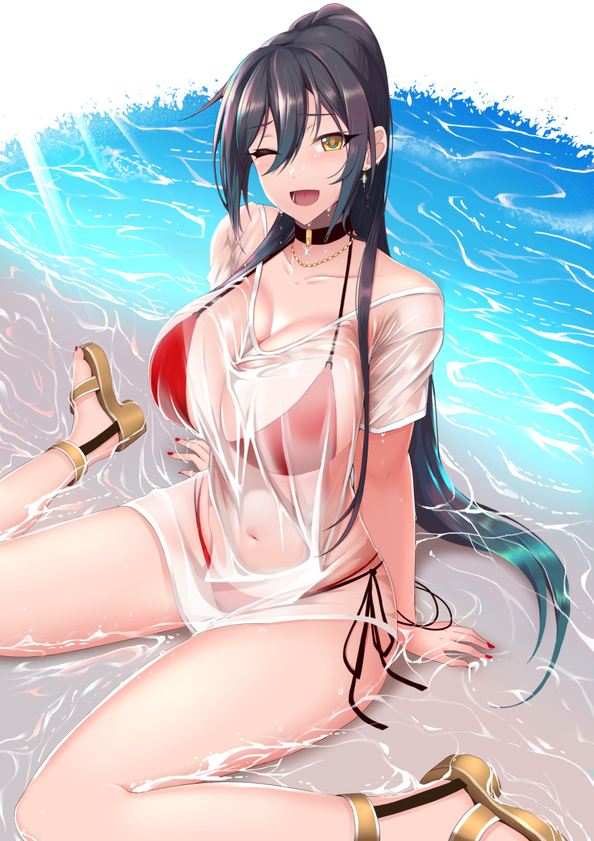 1girl bangs bikini black_hair blush breasts cleavage collar collarbone covered_navel earrings hair_between_eyes high_ponytail highres idolmaster idolmaster_shiny_colors jewelry large_breasts long_hair looking_at_viewer moo_yoshio necklace one_eye_closed open_mouth ponytail red_bikini sandals see-through shirase_sakuya shirt shore short_sleeves sitting smile swimsuit thighs wariza water wet wet_clothes wet_shirt white_shirt yellow_eyes