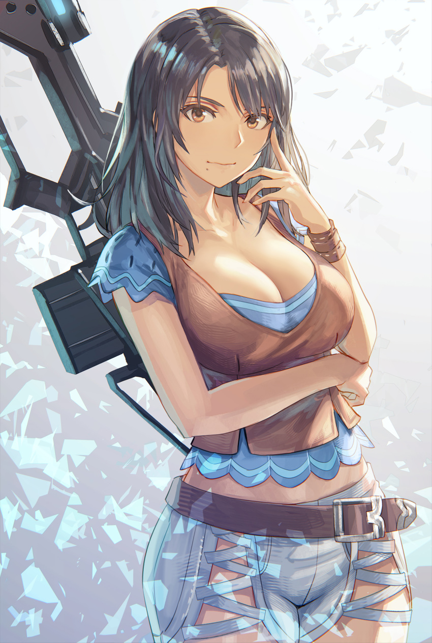 1girl absurdres anbe_yoshirou bangs belt black_hair breast_hold breasts brown_eyes carna cleavage closed_mouth collarbone gradient gradient_background hand_up highres large_breasts lips looking_at_viewer mole mole_under_mouth pants parted_bangs rifle_on_back shiny shiny_hair short_sleeves simple_background solo weapon weapon_on_back wristband xenoblade_(series) xenoblade_1