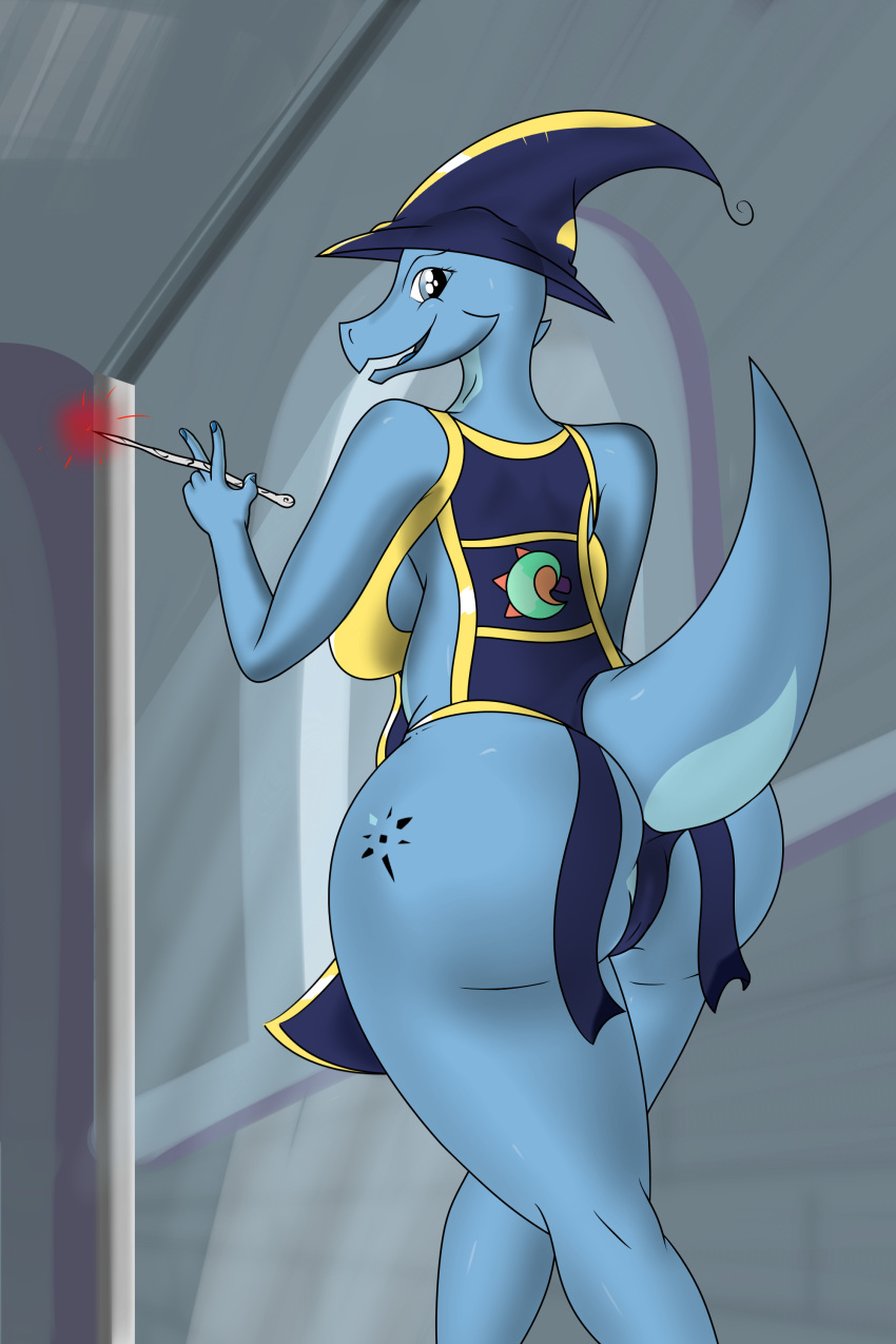 2:3 absurd_res anthro big_breasts big_butt blue_body breasts butt butt_pose check_tag_type clothed clothing dododragon56 female hat headgear headwear hi_res kobold looking_at_viewer magic magic_user pose reptile scalie side_boob skimpy smile solo stella_(disambiguation) stone_wall walking wand window