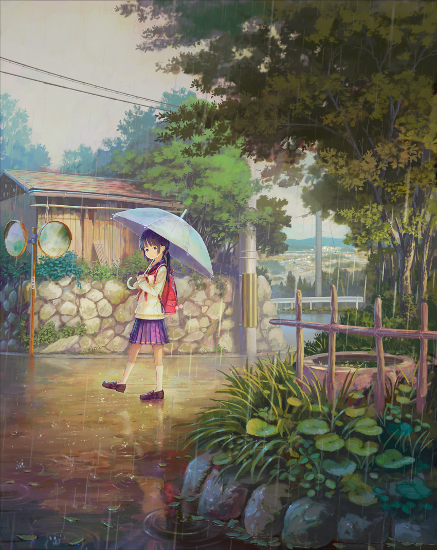 1girl backpack bag black_eyes black_hair blurry commentary depth_of_field feel_(nasitaki) highres hill kneehighs loafers looking_at_viewer looking_to_the_side mirror original plant pleated_skirt power_lines railing rain scenery school_uniform shoes skirt solo sweater telephone_pole tree twintails umbrella walking