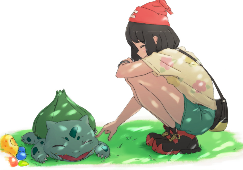 1girl bag bangs beanie berry_(pokemon) black_hair bracelet bulbasaur closed_eyes closed_mouth commentary_request floral_print gen_1_pokemon grass green_shorts hat highres jewelry manokena medium_hair mizuki_(pokemon) pokemon pokemon_(creature) pokemon_(game) pokemon_sm poking red_headwear shirt shoes short_sleeves shorts smile squatting z-ring