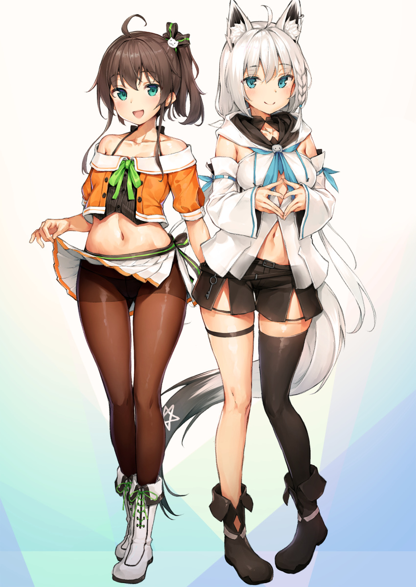 2girls :d ahoge animal_ear_fluff animal_ears aqua_eyes bare_shoulders belly_peek black_footwear black_legwear black_shirt black_shorts blue_eyes boots bow braid breasts brown_hair brown_legwear collarbone crop_top detached_sleeves fox_ears fox_girl fox_tail front_slit full_body hair_bow halter_top halterneck highres hololive hood hood_down jacket long_hair long_sleeves looking_at_viewer medium_breasts midriff miniskirt multiple_girls natsuiro_matsuri navel off-shoulder_jacket off_shoulder open_mouth orange_jacket pantyhose pleated_skirt shirakami_fubuki shirt short_shorts shorts side_ponytail silver_hair single_thighhigh skirt skirt_lift smile spaghetti_strap standing stomach sy4 tail thigh_strap thighhighs thighs undershirt very_long_hair virtual_youtuber white_footwear white_shirt white_skirt