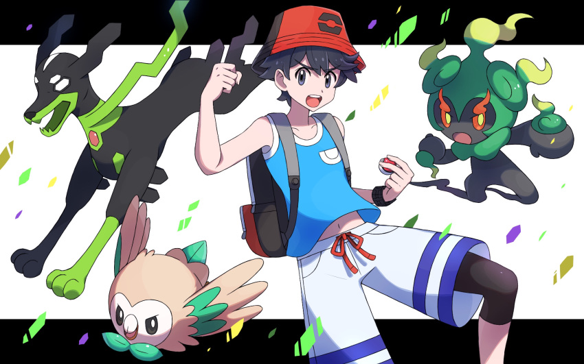 1boy backpack bag bangs black_hair blue_tank_top clenched_hand collarbone commentary_request gen_6_pokemon gen_7_pokemon grey_eyes hat highres holding holding_poke_ball legendary_pokemon marshadow mythical_pokemon navel nin_(female) open_mouth poke_ball poke_ball_(generic) pokemon pokemon_(creature) pokemon_(game) pokemon_usum red_headwear rowlet short_hair shorts tank_top teeth tongue upper_teeth white_background white_shorts you_(pokemon) zygarde