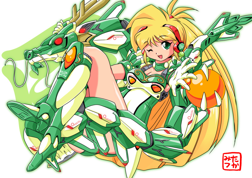 1girl absurdres blonde_hair dragon ginga_ojousama_densetsu_yuna green_eyes kagurazaka_yuna long_hair mechagirl one_eye_closed