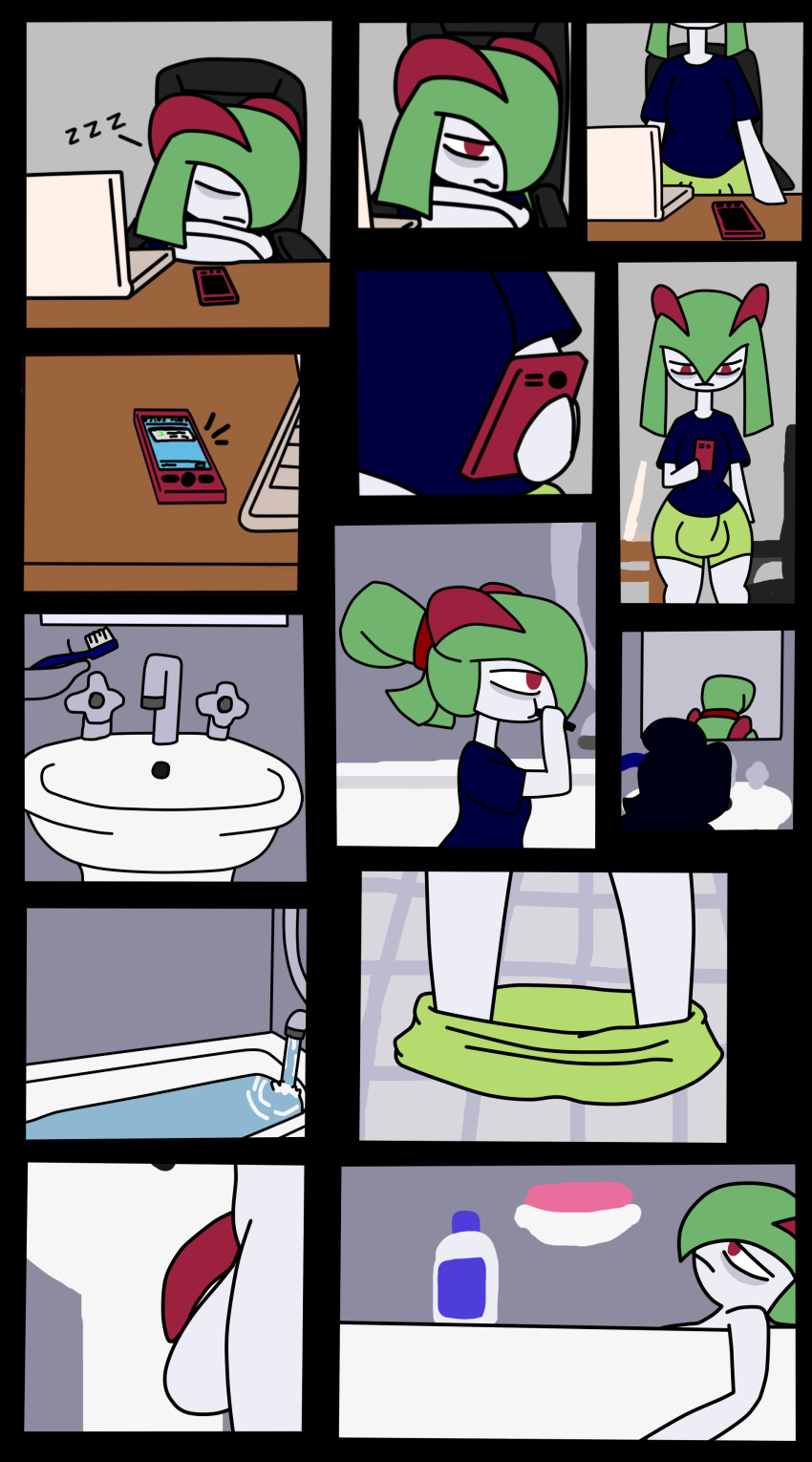 absurd_res anthro balls bathroom big_balls big_butt breasts bulge butt chair clothed clothing comic furniture genitals grey_body grey_skin gynomorph hair herm hi_res huge_balls huge_butt humanoid intersex interspecies kirlia kouh mirror nintendo not_furry notebook penis phone pok&eacute;mon pok&eacute;mon_(species) pok&eacute;philia ponytail red_eyes shampoo simple_background soap solo thick_thighs video_games white_body wide_hips