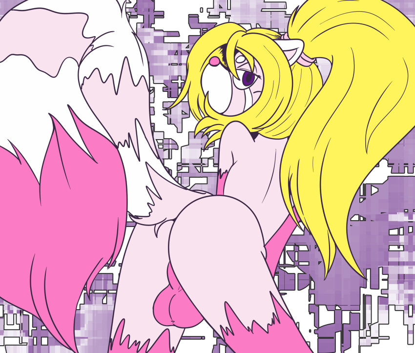 2019 absurd_res ailurid alpha_channel anthro artamis_snowpaw backsack balls big_tail blonde_hair butt fluffy fluffy_tail fur genitals girly hair hi_res looking_at_viewer looking_back male mammal mrpandragon nude pink_body pink_fur presenting presenting_hindquarters purple_background purple_eyes rear_view red_panda simple_background solo standing transparent_background