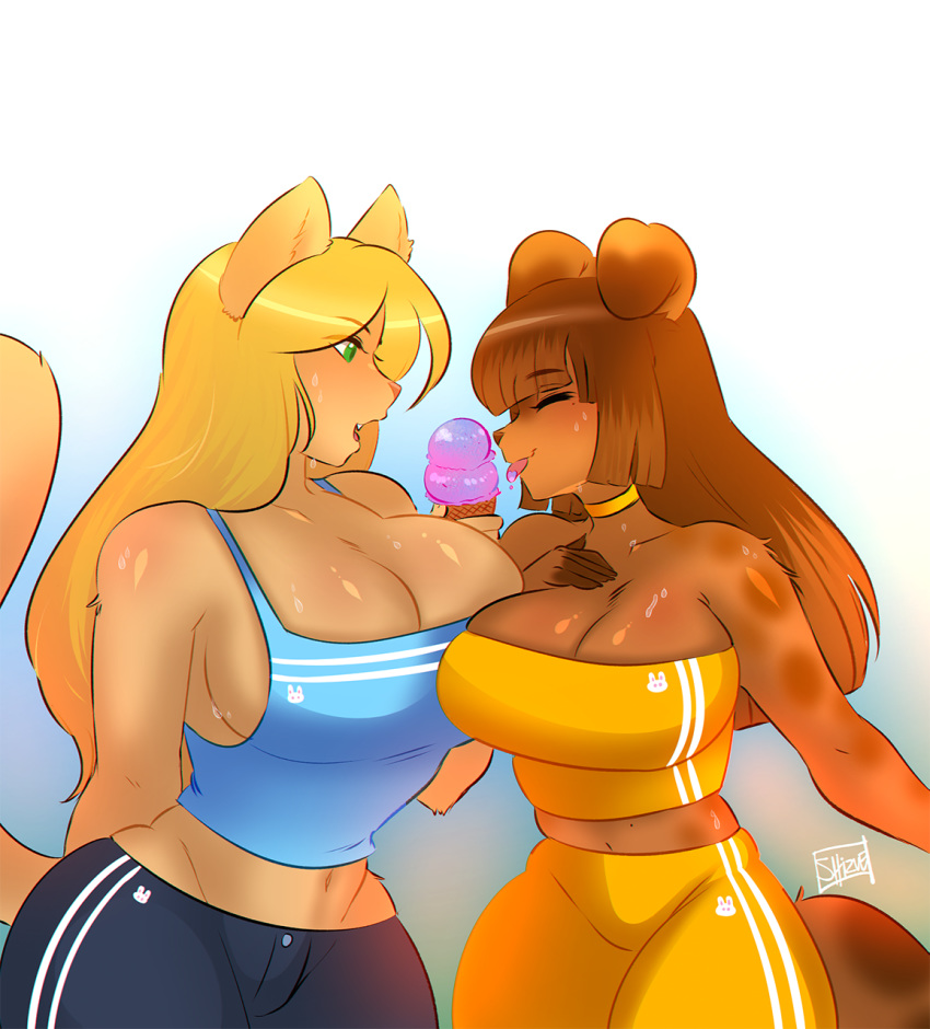 anthro bodily_fluids breasts canid canine canis cleavage clothed clothing dessert domestic_cat domestic_dog duo felid feline felis female female/female food hi_res ice_cream luvon mammal sweat