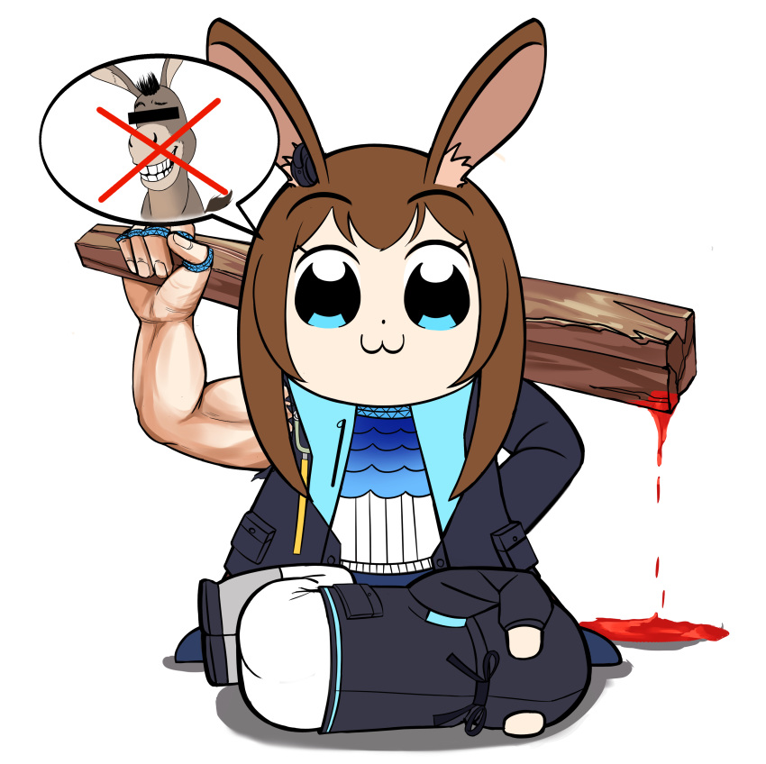 1girl 1other :3 absurdres amiya_(arknights) animal_ears arknights ass bangs bkub_(style) black_jacket blood blue_eyes brown_hair bunny_ears censored chibi commentary cow-ring doctor_(arknights) donkey_(shrek) eyebrows_visible_through_hair hand_up highres holding hood hooded_jacket identity_censor jacket long_hair long_sleeves looking_at_viewer lying on_side open_clothes open_jacket pants poptepipic shirt shrek_(series) simple_background single_sleeve smile white_background white_pants white_shirt x