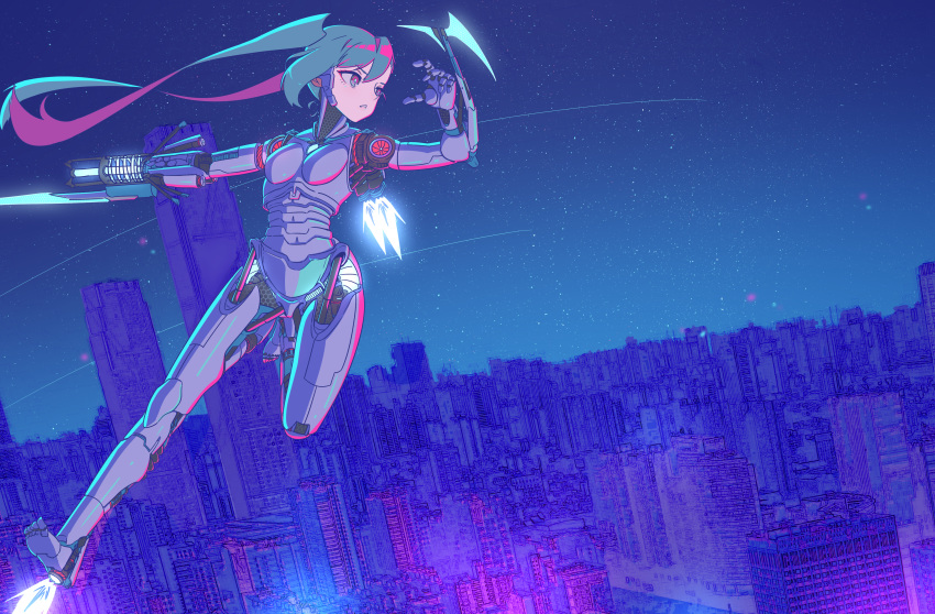 1girl absurdres android aqua_hair arm_blade arm_cannon cityscape flying full_body highres joints mechanical_parts original parted_lips piston purple_eyes robot_joints science_fiction sky solo star_(sky) starry_sky thrusters twintails wakamoto_zenko weapon