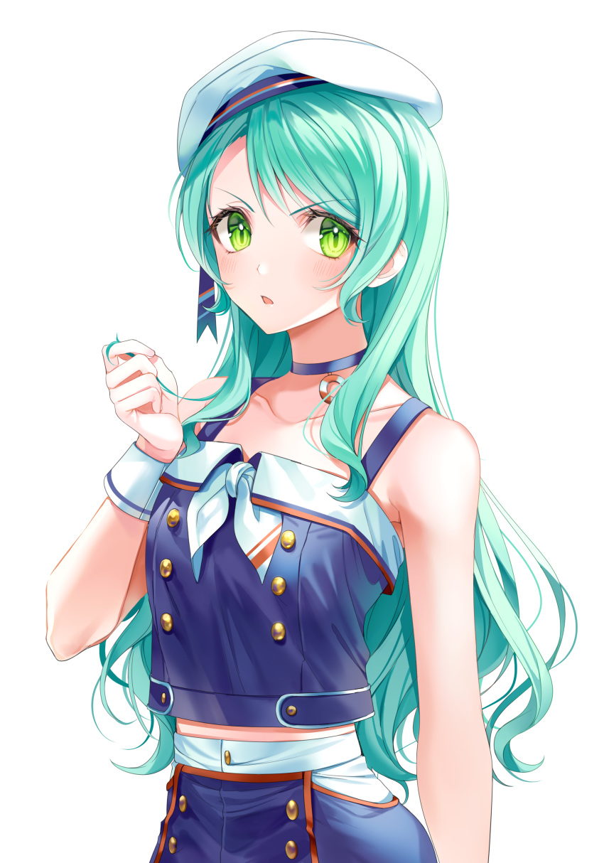 1girl absurdres aqua_hair bang_dream! belly_peek beret blue_choker blue_shirt choker collarbone double-breasted green_eyes hat hat_ribbon highres hikawa_sayo innertube long_hair looking_at_viewer minori_(faddy) neckerchief playing_with_own_hair ribbon shirt simple_background solo striped striped_ribbon upper_body v-shaped_eyebrows white_background white_headwear white_neckwear wrist_cuffs