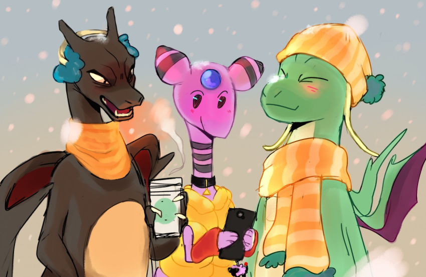 2020 ambiguous_gender ampharos anthro beverage blush cellphone charizard clothed clothing dragonite eyes_closed group grumpmuzzle nintendo open_mouth phone pok&eacute;mon pok&eacute;mon_(species) scalie scarf smartphone smile snow video_games