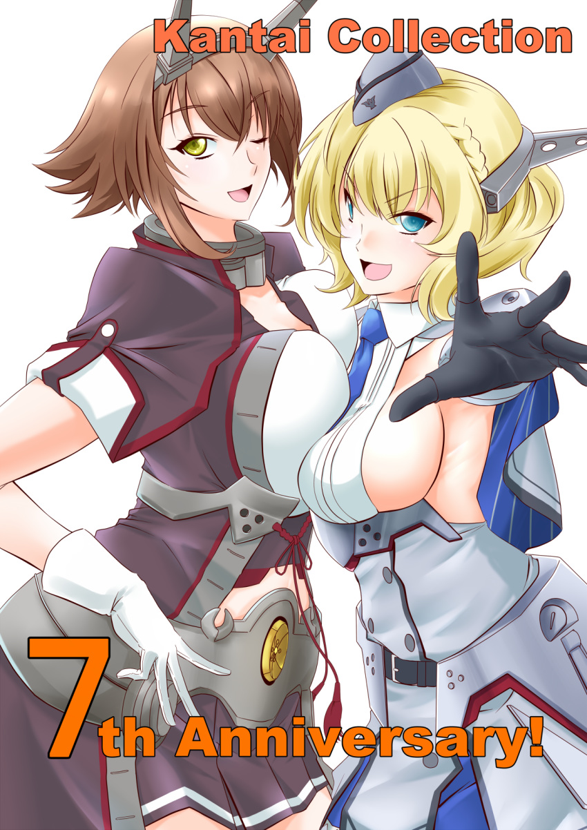 2girls anniversary asymmetrical_docking black_gloves black_skirt blonde_hair blue_eyes blue_neckwear breast_press breasts brown_hair capelet colorado_(kantai_collection) commentary_request cowboy_shot dress elbow_gloves garrison_cap gloves green_eyes grey_dress grey_headwear hairband hat headgear highres kantai_collection kikumon kiriki_haruomi large_breasts looking_at_viewer midriff miniskirt multiple_girls mutsu_(kantai_collection) necktie pleated_dress shirt short_hair side_braids sideboob simple_background skirt sleeveless white_background white_gloves white_shirt