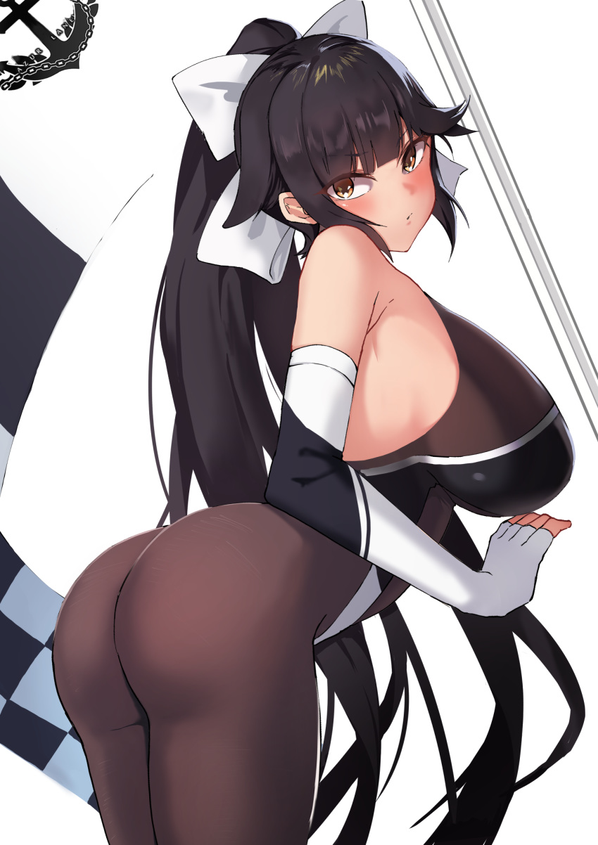 1girl ass azur_lane back bangs bare_shoulders black_hair black_legwear blush bow breasts brown_eyes ddalrim elbow_gloves fingerless_gloves flag gloves hair_bow hair_flaps highleg highleg_leotard highres large_breasts leotard long_hair looking_at_viewer looking_back multicolored_leotard pantyhose ponytail race_queen takao_(azur_lane) takao_(full_throttle_charmer)_(azur_lane) thighs two-tone_leotard white_bow